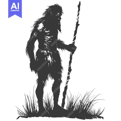 Aset premium populer: Silhouette of a Primitive Man Holding a Staff in Grass