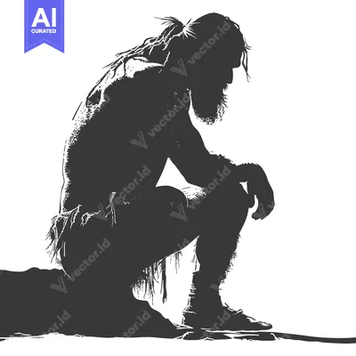Aset premium populer: Silhouette of a Bearded Man Sitting on a Rock, Head Down