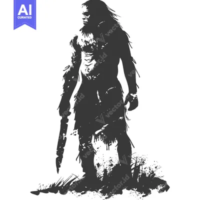 Aset desain premium: A Silhouette of a Primitive Human Holding a Weapon
