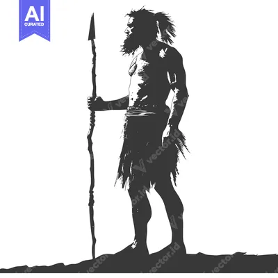 Premium design asset: A Primitive Hunter with a Spear Stands Tall and Proud
