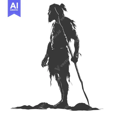 Aset desain premium: Silhouette of a Bearded Man Holding a Staff in a Primitive Setting