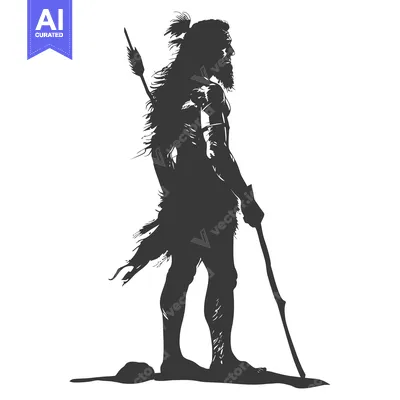 Aset desain premium: Silhouette of a Primitive Man Holding a Spear