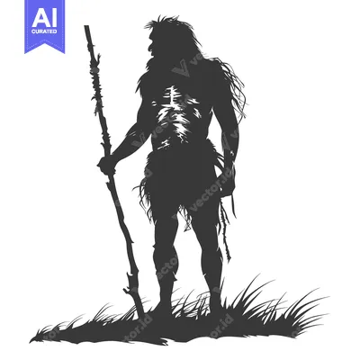 Premium design asset: Silhouette of a Neanderthal with a Spear Standing in Tall Grass
