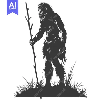 Popular premium asset: Silhouette of a Neanderthal Holding a Staff in a Grassy Landscape