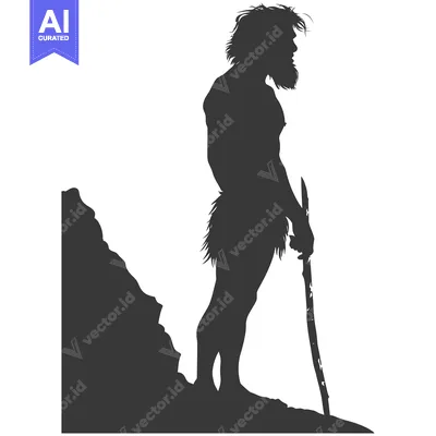 Popular premium asset: Silhouette of a Prehistoric Man Standing with a Club on a Cliff Edge