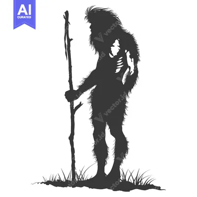 Aset desain premium: Silhouette of a Hairy Humanoid Figure Holding a Stick