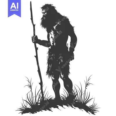 Popular premium asset: Silhouette of a hairy, primitive man holding a staff in a grassy field