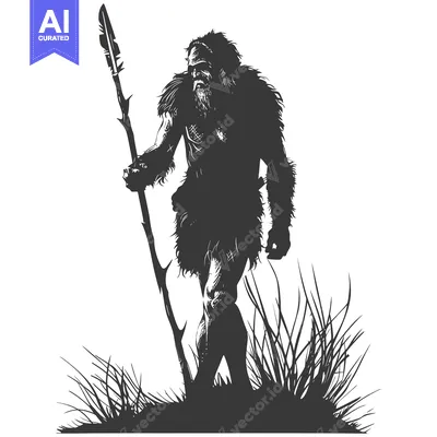 Aset desain premium: A Silhouette of a Primitive Human Holding a Spear in a Grassy Landscap