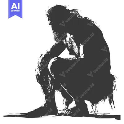 Aset premium populer: Silhouette of a Primitive Man Sitting in a Crouched Position
