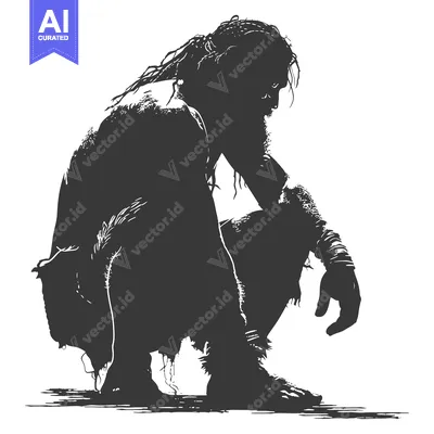 Premium design asset: A Silhouette of a Bearded Man in a Squatting Position