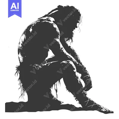 Aset premium populer: A silhouette of a caveman seated, head bowed, looking down