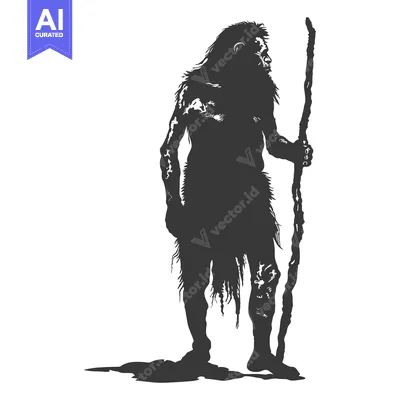 Silhouette of a Primitive Man Holding a Stick
