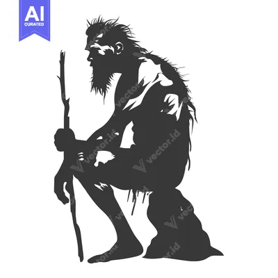 Premium design asset: Silhouette of a Primitive Man Sitting with a Stick