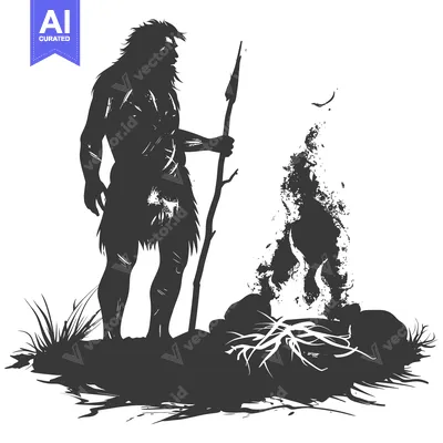 Aset premium populer: Silhouette of a Neanderthal Man with a Spear Standing by a Fire