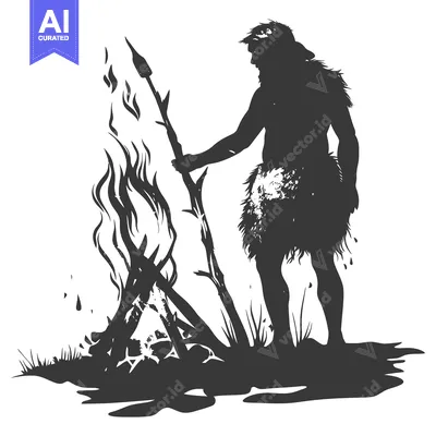 Popular premium asset: Silhouette of a Primitive Man Holding a Spear by a Fire
