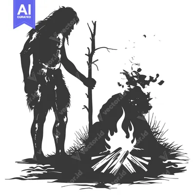Premium design asset: A Silhouette of a Primitive Human Tending a Fire