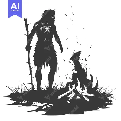 Aset premium populer: Silhouette of a Primitive Man Holding a Staff Standing Near a Fire