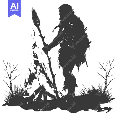 Premium design asset: Silhouette of a prehistoric man tending a fire with a stick