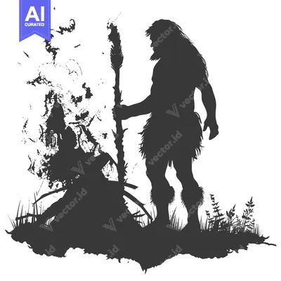 Aset premium populer: Silhouette of a Primitive Man Holding a Stick Near a Fire