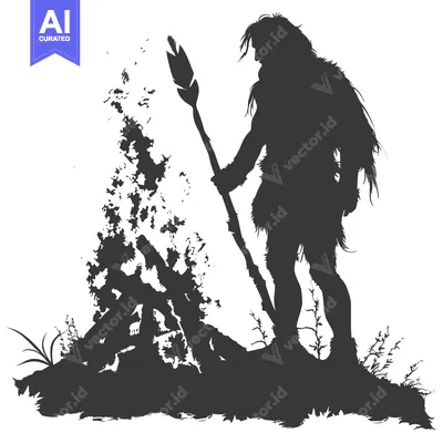 Aset premium populer: Silhouette of a Neanderthal Man Standing by a Campfire with a Spear