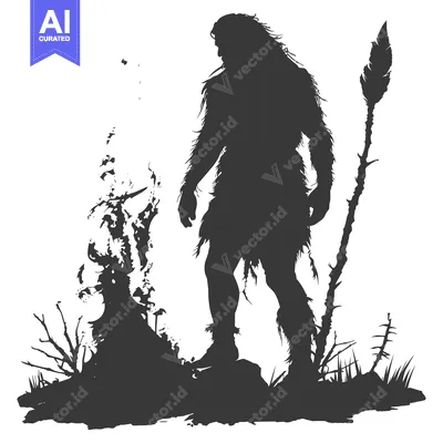 Premium design asset: Silhouette of a Prehistoric Man Holding a Spear with a Fire in the Bac