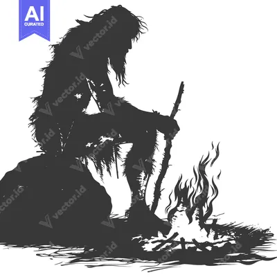 Silhouette of a Caveman Sitting by a Fire