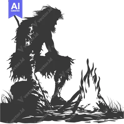Aset desain premium: Silhouette of a Primitive Man Sitting by a Fire