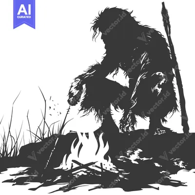 Aset desain premium: A Silhouette of a Prehistoric Human Figure Sitting by a Fire