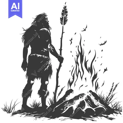 Aset premium populer: A Primitive Man Standing by a Fire with a Feather Held High