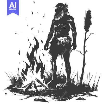 Aset desain premium: Silhouette of a Primitive Man Standing by a Fire