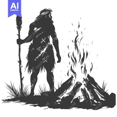 Aset premium populer: Silhouette of a Primitive Man Holding a Spear Standing Near a Fire