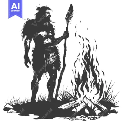Aset desain premium: Silhouette of a Caveman Holding a Spear with a Fire in the Background