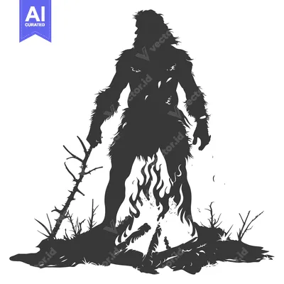 Aset desain premium: Silhouette of a hairy man holding a staff standing over a fire
