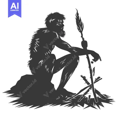 Aset desain premium: Silhouette of a Neanderthal Man Sitting by a Fire with a Spear