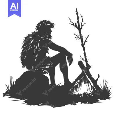 Silhouette of a Neanderthal Man Sitting by a Fire