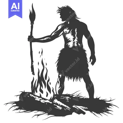 Aset desain premium: A Silhouette of a Primitive Man Holding a Spear and Standing Near a Fi