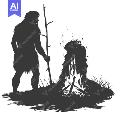 Aset premium populer: Silhouette of a Neanderthal Man by a Fire