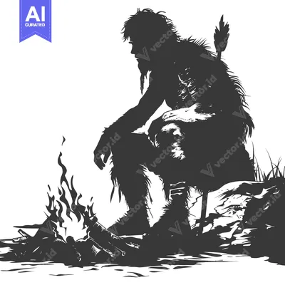 Aset desain premium: Silhouette of a Primitive Man by a Fire