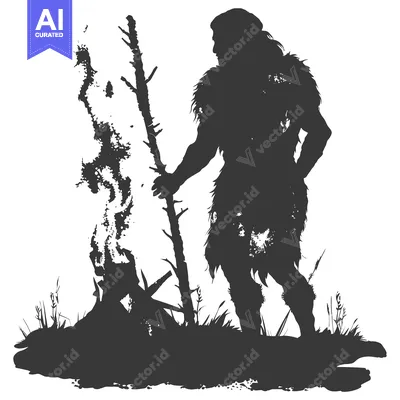 Aset desain premium: Silhouette of a Neanderthal Man Holding a Branch by a Fire