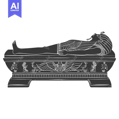 Premium design asset: Egyptian Pharaoh Lying in a Sarcophagus with Wings and Hieroglyphics