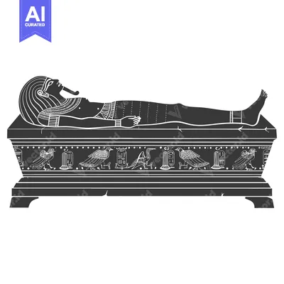 Ancient Egyptian Pharaoh Lying in a Sarcophagus with Hieroglyphs and B