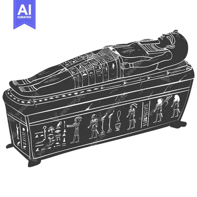 Premium design asset: A black and white illustration of an Egyptian sarcophagus with a phara