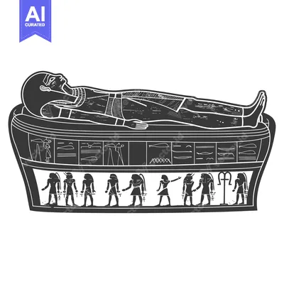 Aset desain premium: Ancient Egyptian Pharaoh Lying in a Sarcophagus with Hieroglyphics and