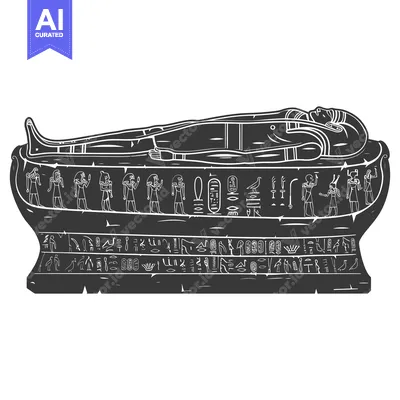 Aset desain premium: Egyptian sarcophagus with hieroglyphs and a pharaoh inside