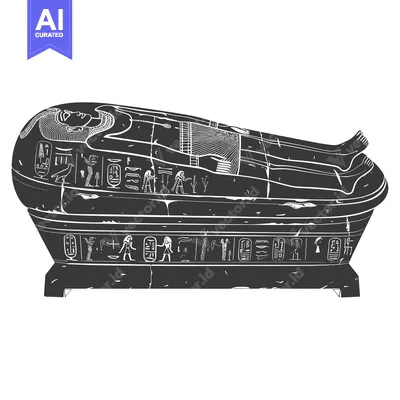 A black and white illustration of an ancient Egyptian sarcophagus with