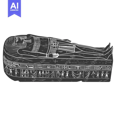 Black and white illustration of an Egyptian sarcophagus with a pharaoh