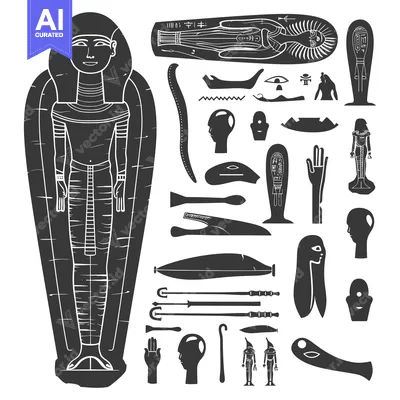 Aset desain premium: Ancient Egyptian Mummy and Burial Artifacts in Black and White