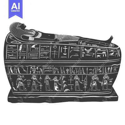 Aset desain premium: An Egyptian sarcophagus with hieroglyphs and a deceased person inside.