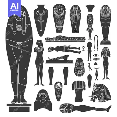Set of Black and White Illustrations of Ancient Egyptian Artifacts