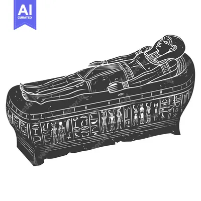 Aset desain premium: Carved Egyptian Sarcophagus with Hieroglyphics and a Deceased Pharaoh